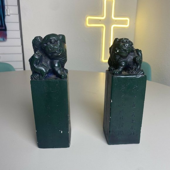 Vintage Pair Foo Dog Guardian Lion Dragon Figurines Statues 7.25” Dark Green - Picture 1 of 8